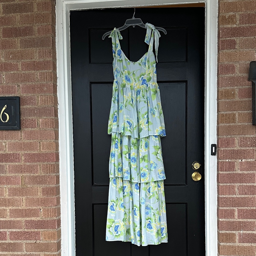 La Lavon Blue NWT Small Floral Maxi Dress with Tie Straps